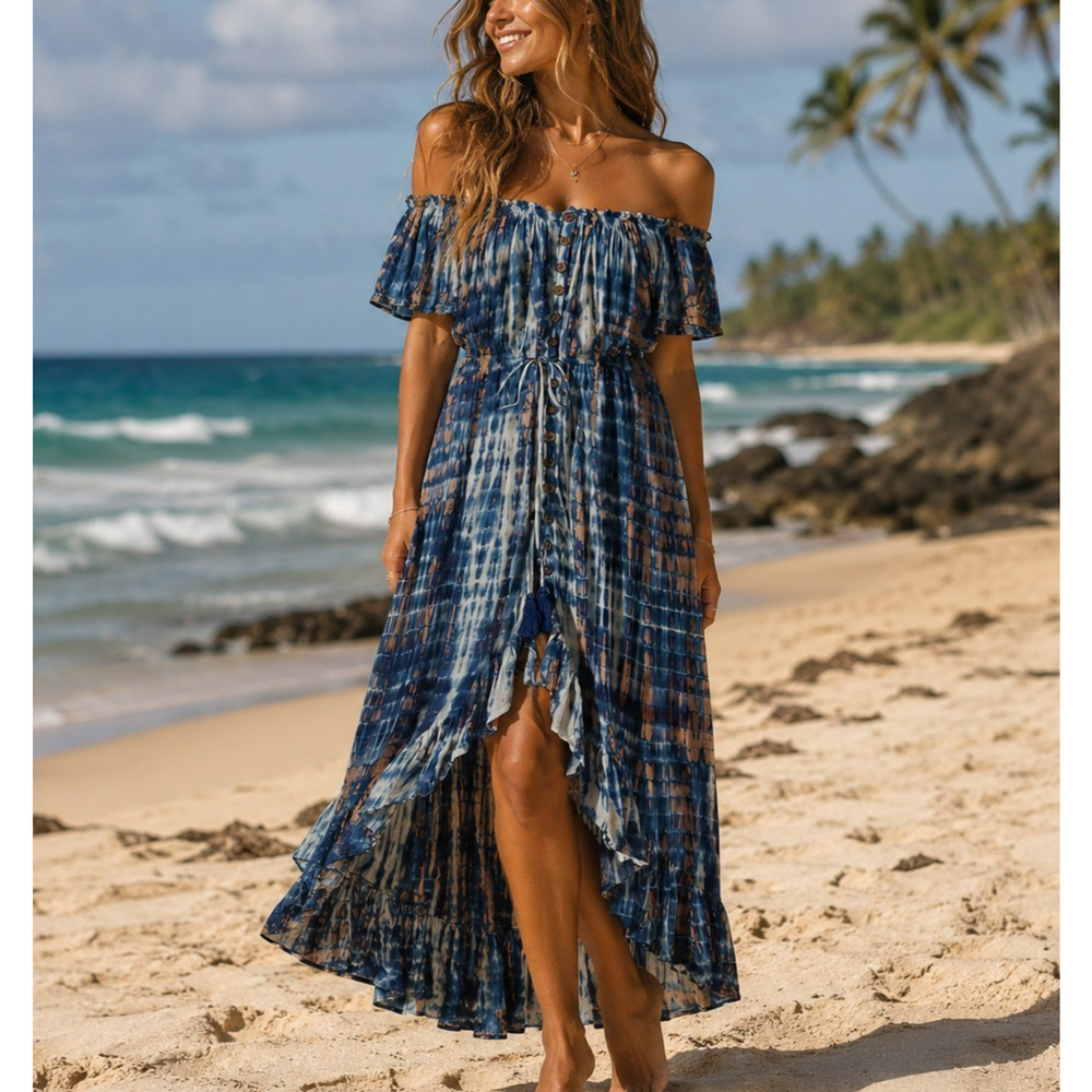 Tiare Hawaii Riviera Maxi Dress One Size Tie Dye Blue Brown High Low Beachy Boho